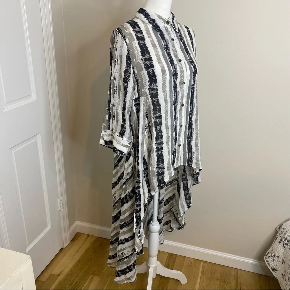 PATRIZIA LUCA Women’s Three Quarter High Low Striped Print Shirt Dress Top L - Picture 7 of 13